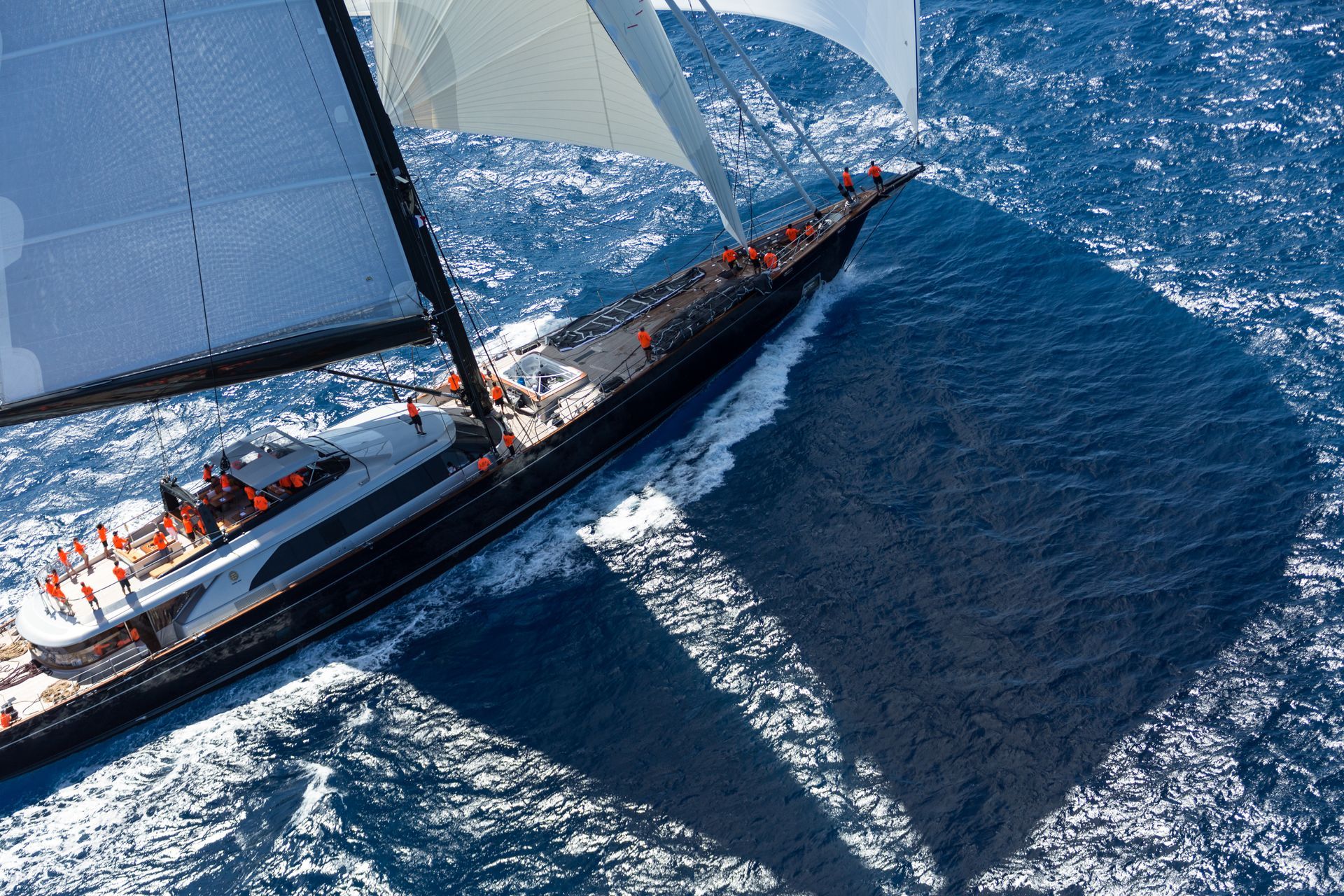 Sailing yacht underway with custom teak deck