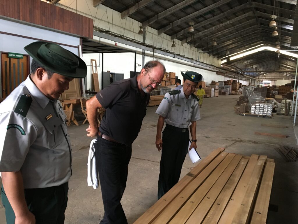 Burmese teak decking inspection in myanmar with a teak decking systems employee